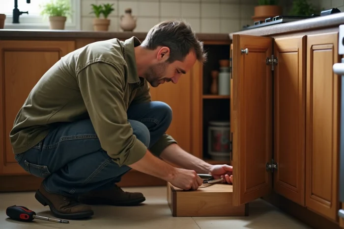 Homme réparant une étagère de placard de cuisine avec un tournevis, dans un intérieur domestique aux meubles en bois