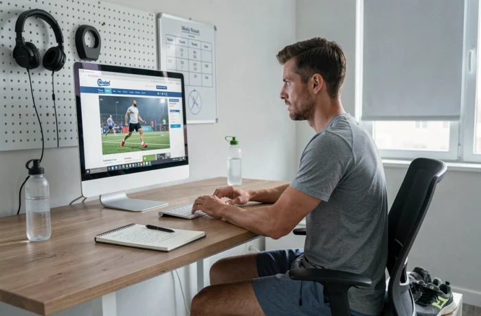 Hombre consultando recursos deportivos en línea en su computadora de escritorio en un espacio de trabajo dedicado