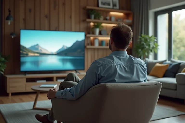 Homme d'âge moyen regardant une publicité à la télévision