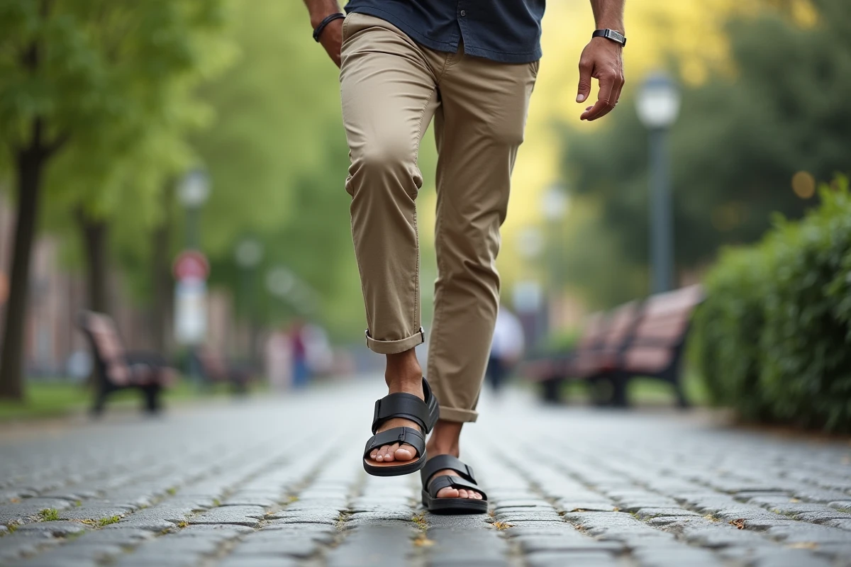 Homme en plein air examinant des sandales sur un chemin pavé