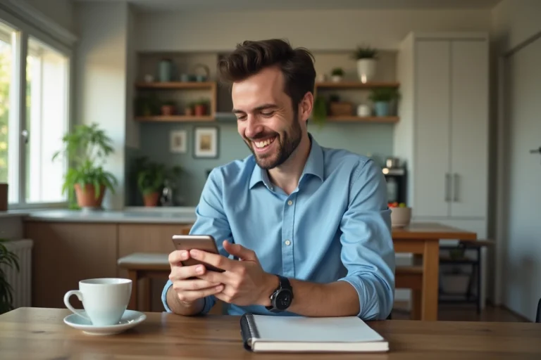 Homme souriant vérifiant le signal sur son smartphone dans une cuisine moderne