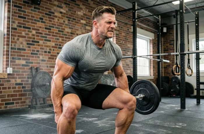 Muscular man performing a squat with a dumbbell in a modern CrossFit gym with brick walls