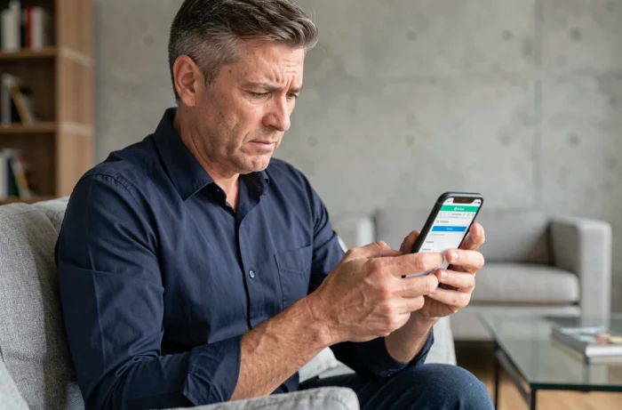Hombre eliminando el historial de sus compras de Amazon desde su smartphone en una sala moderna