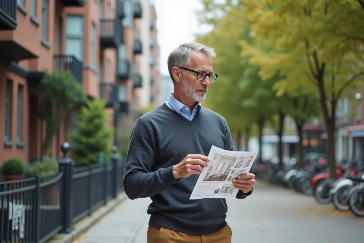 Homme regardant une annonce immobiliere en ville