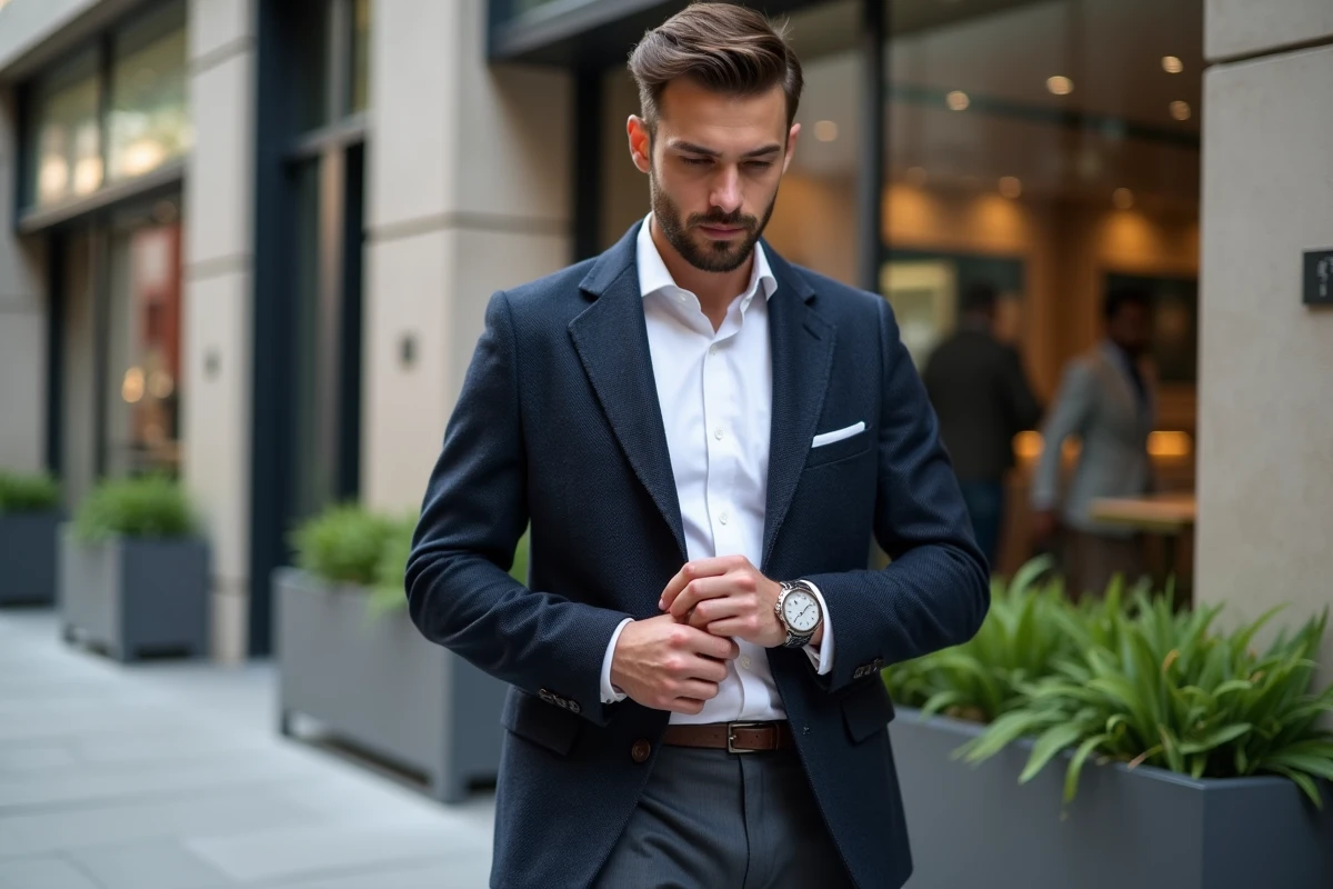 Homme élégant marchant dans la ville en vérifiant ses manchettes