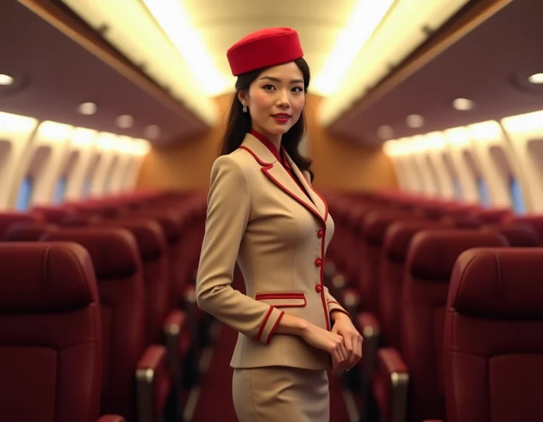 Hôtesse de l'air Emirates en uniforme beige et rouge dans la cabine d'un avion