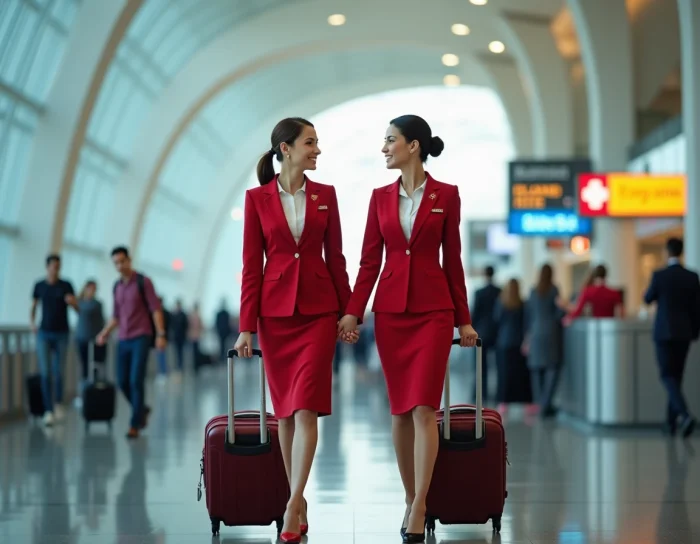 Deux hôtesses de l'air Emirates marchant dans un terminal d'aéroport international