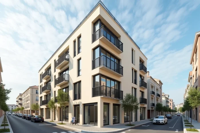 Façade d'un immeuble neuf en accession sociale à la propriété PSLA dans une ville française de taille moyenne