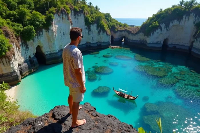 Un voyageur sur les falaises volcaniques noires de Nusa Penida en Indonésie surplombant une crique turquoise avec un bateau de pêche traditionnel