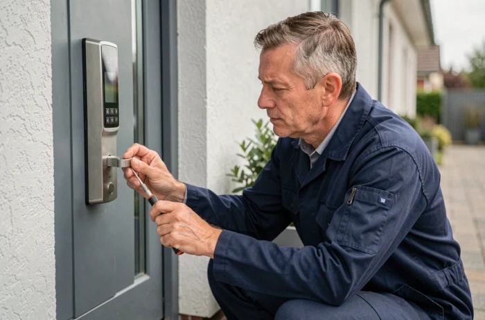 Serrurier professionnel installant une serrure électronique haute sécurité sur la porte d'entrée d'une maison moderne