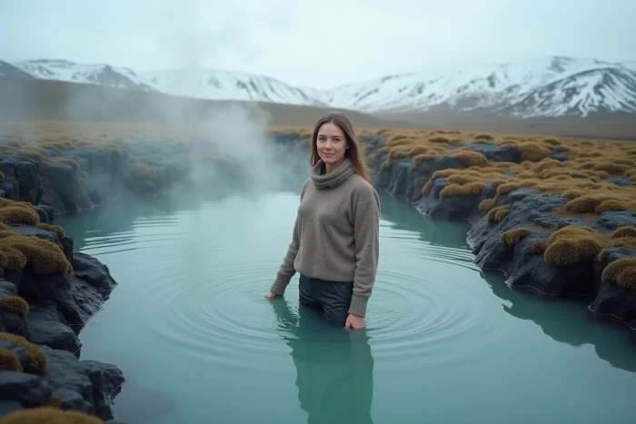 Une voyageuse immergée dans une source géothermique naturelle en Islande au milieu d'un champ de lave moussu avec des vapeurs de sources chaudes en arrière-plan