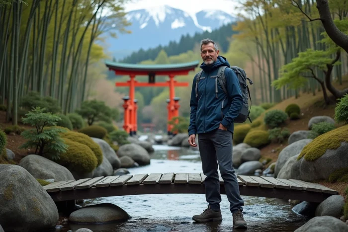 Un voyageur sur un pont de jardin japonais à Kyoto avec un torii vermillon et les sommets enneigés des Alpes japonaises en arrière-plan