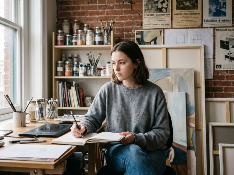 Jeune femme en train de dessiner dans un studio d'art lumineux