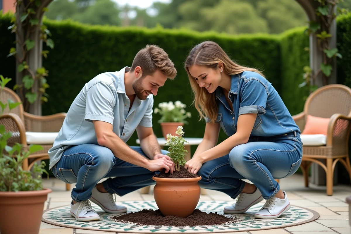 Jeune couple plantant des fleurs dans un pot en céramique