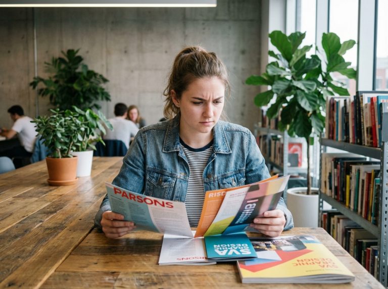 Jeune femme compare brochures d'écoles de design