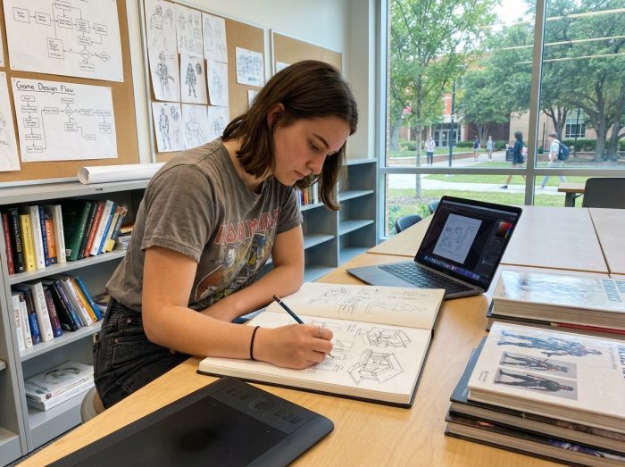 Jeune femme concentrée dessinant dans une classe moderne