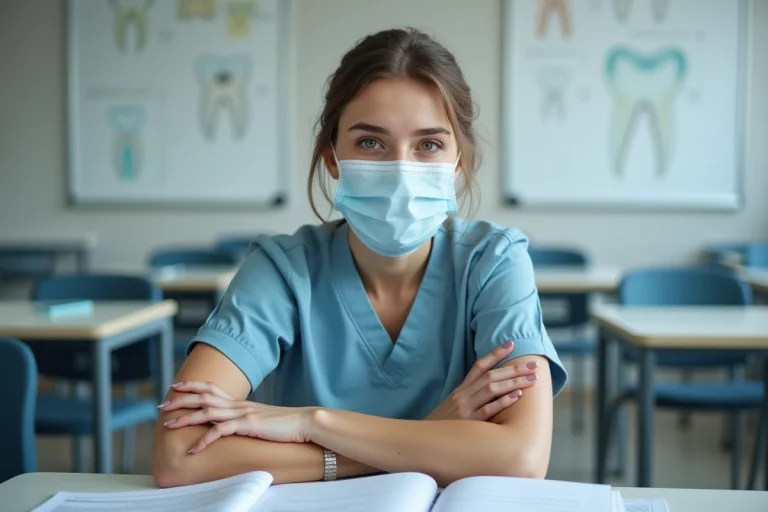 Jeune femme en scrubs lors d'une formation dentaire
