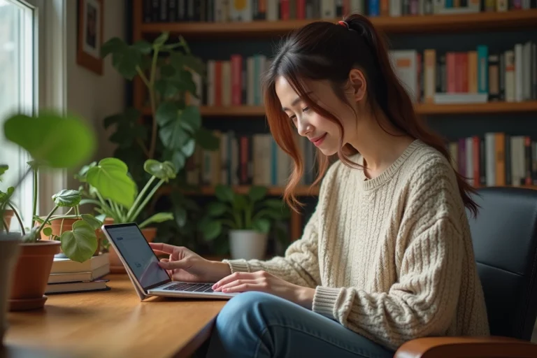 Jeune femme lisant manga sur tablette dans un bureau cosy