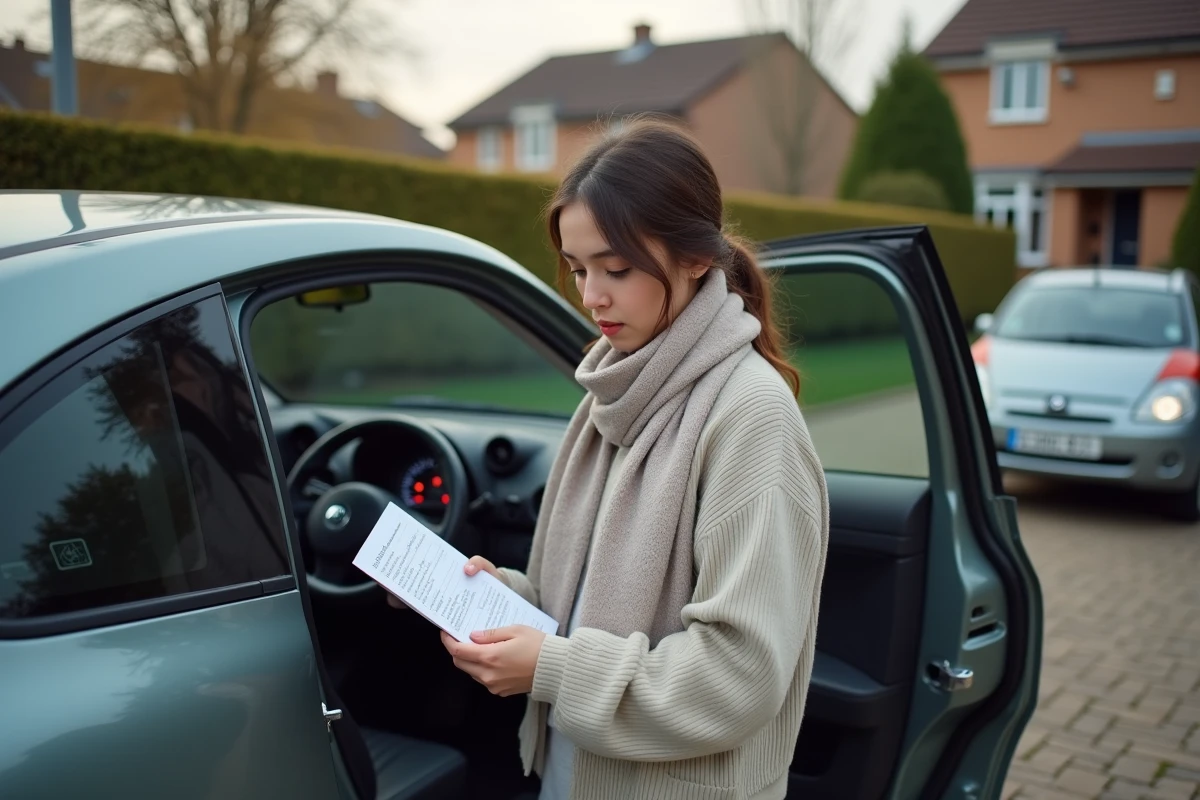 Jeune femme vérifiant le manuel de voiture à côté du véhicule