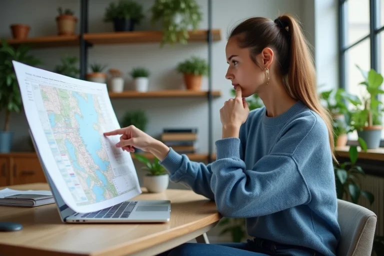 Jeune femme pointant un sitemap dans un bureau lumineux
