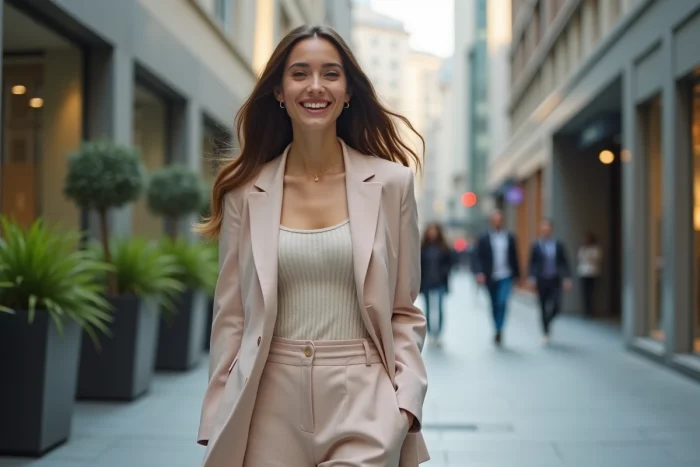 Jeune femme élégante en ville avec blazer pastel et sourire