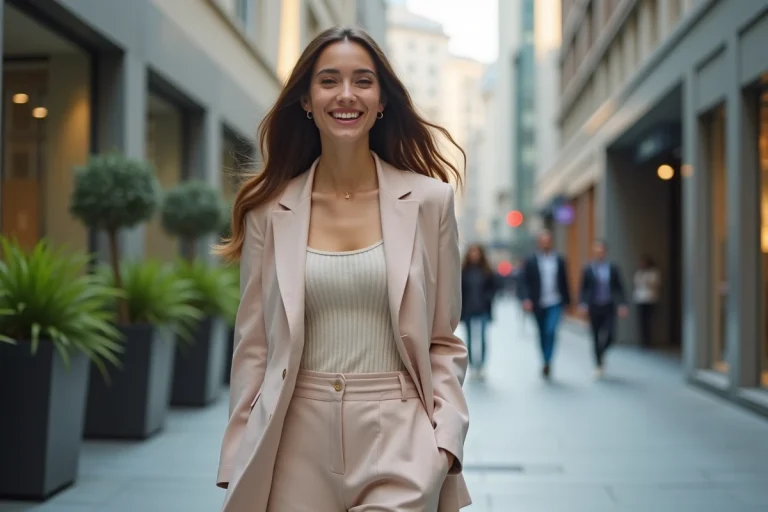 Jeune femme élégante en ville avec blazer pastel et sourire
