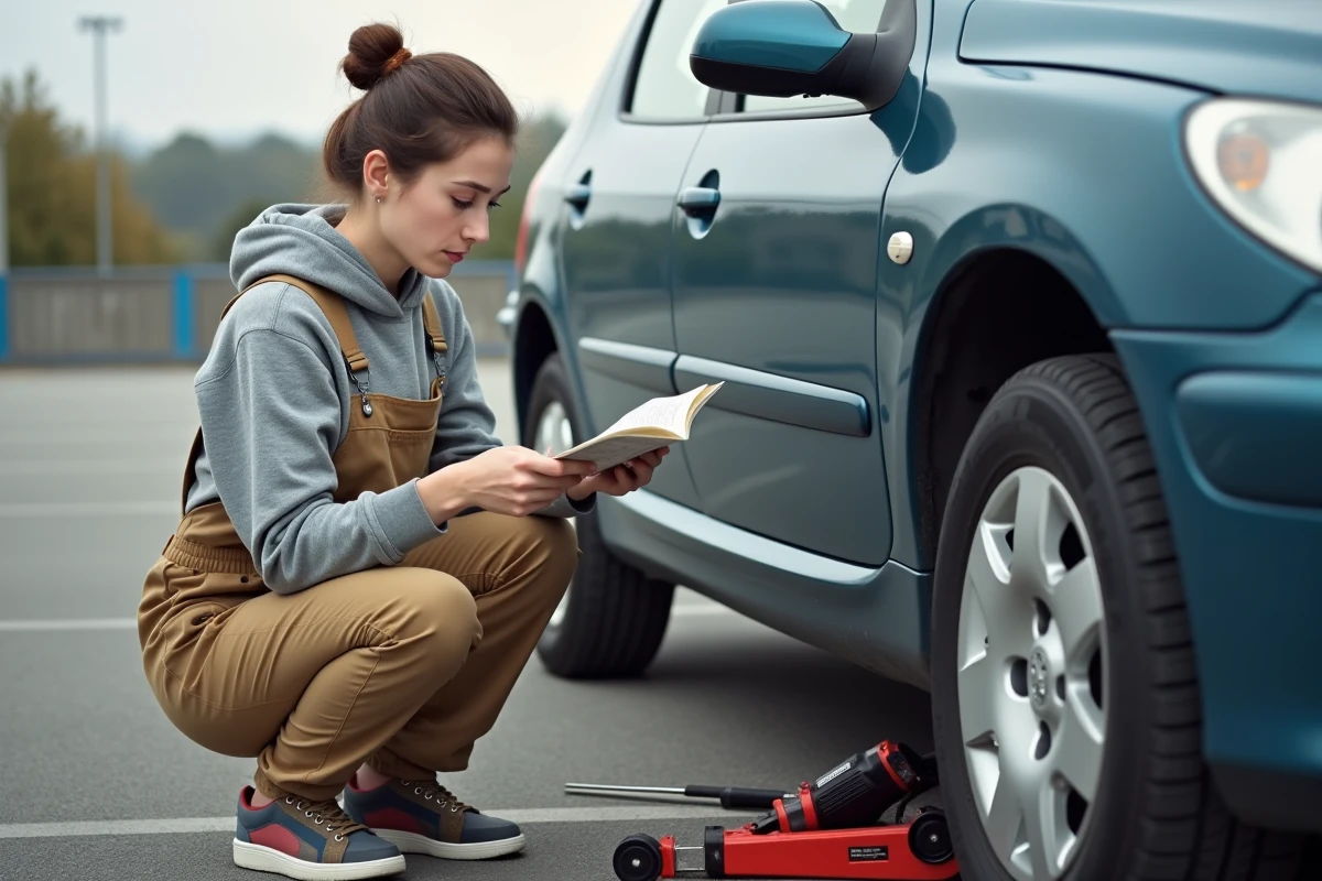 Jeune femme en overalls lisant un manuel près d