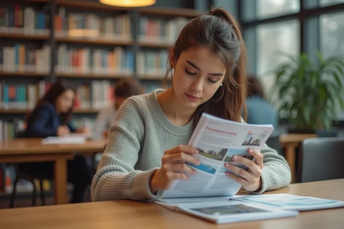 Jeune femme lisant des brochures universitaires dans une bibliothèque