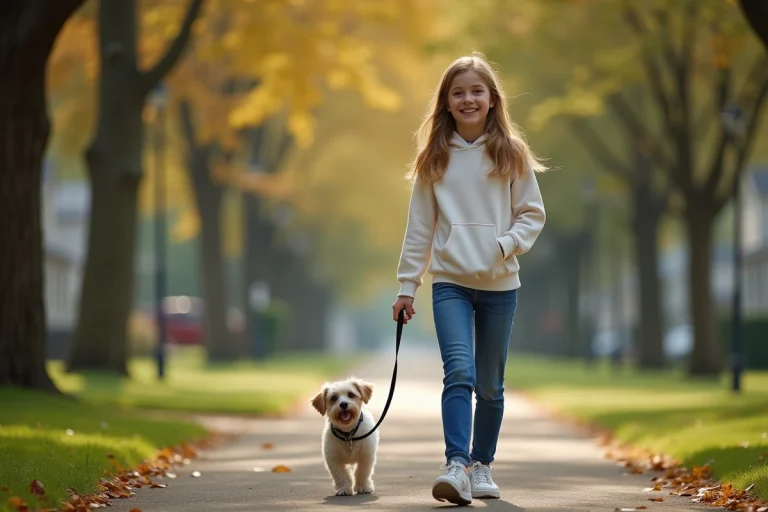 Jeune fille de 15 ans marche un chien dans un parc résidentiel