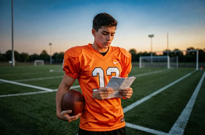 Young football player in an orange jersey consulting his notes on a football field at dusk