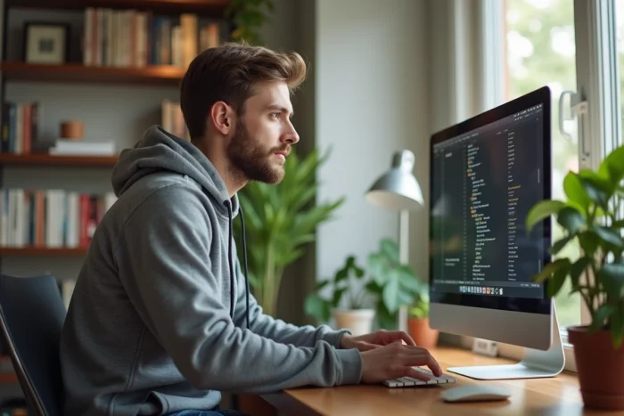 Jeune homme concentré travaillant sur son ordinateur dans un bureau moderne