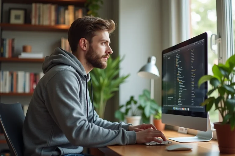 Jeune homme concentré travaillant sur son ordinateur dans un bureau moderne