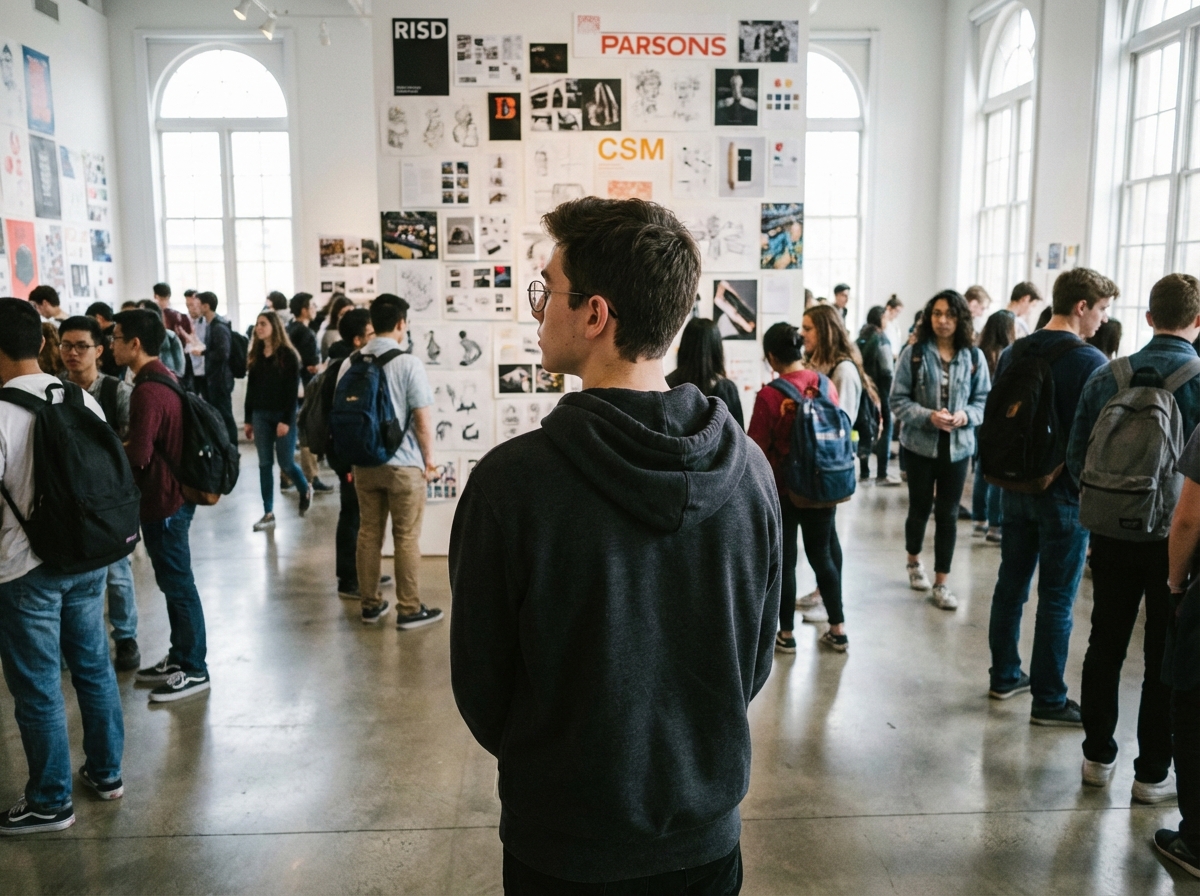 Jeune homme observe affiches et portfolios de design