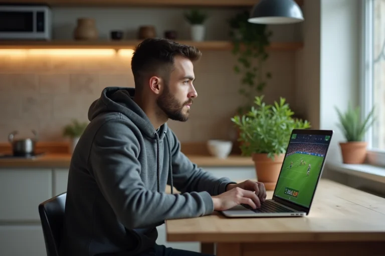 Jeune homme regardant un match de football sur son ordinateur