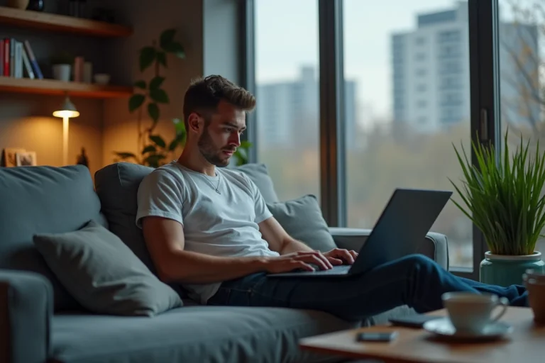 Jeune homme regardant football sur son laptop dans un salon