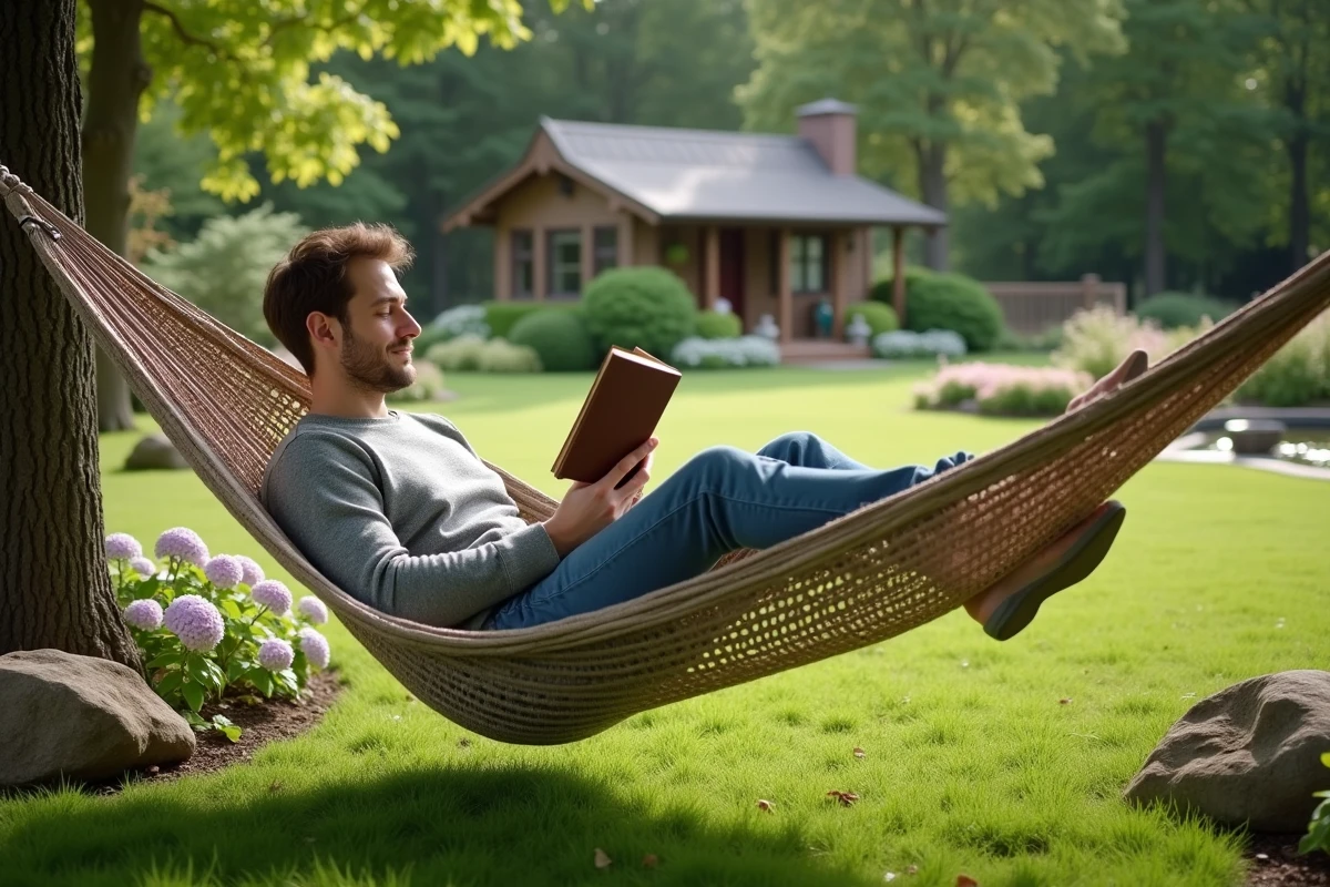 Jeune homme lisant dans un hamac en jardin