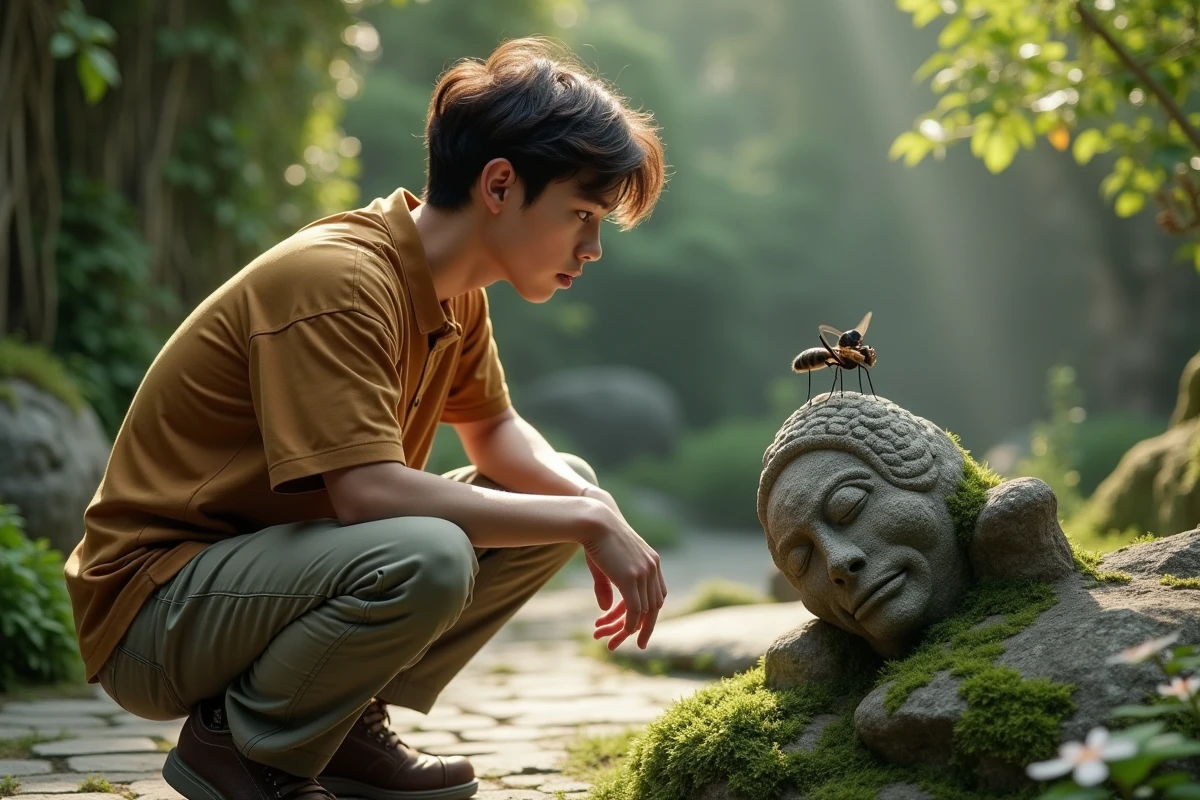 Jeune homme dans un jardin observant une mouche sur une sculpture