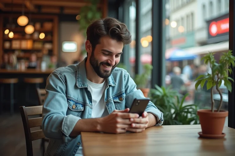 Jeune homme souriant avec smartphone dans un café moderne