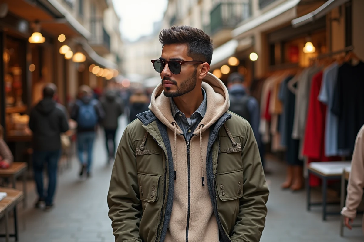 Jeune homme en streetwear dans un marché artisanal urbain