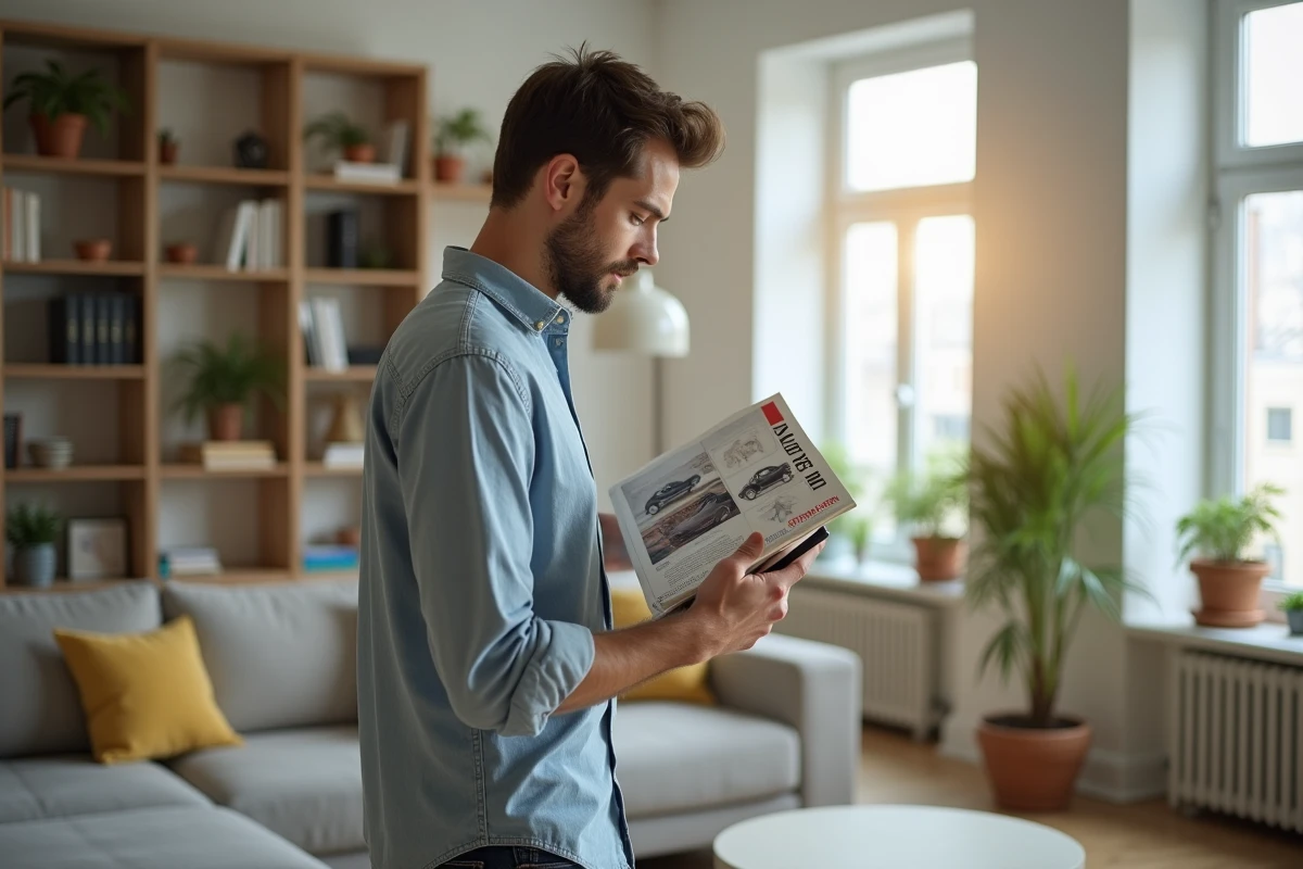 Jeune homme regardant un catalogue Quelle dans un appartement moderne