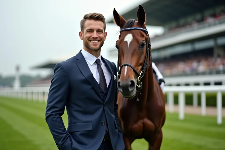 Jockey homme en costume navy avec cheval de course