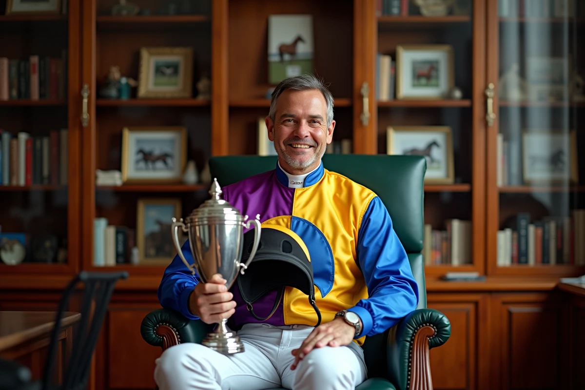 Jockey homme avec trophée dans un bureau équestre