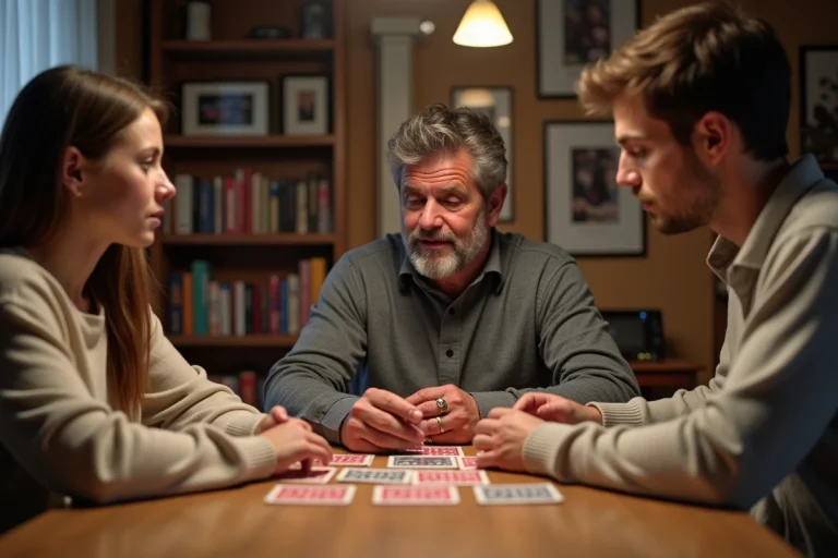 Trois adultes jouent aux cartes dans un intérieur chaleureux