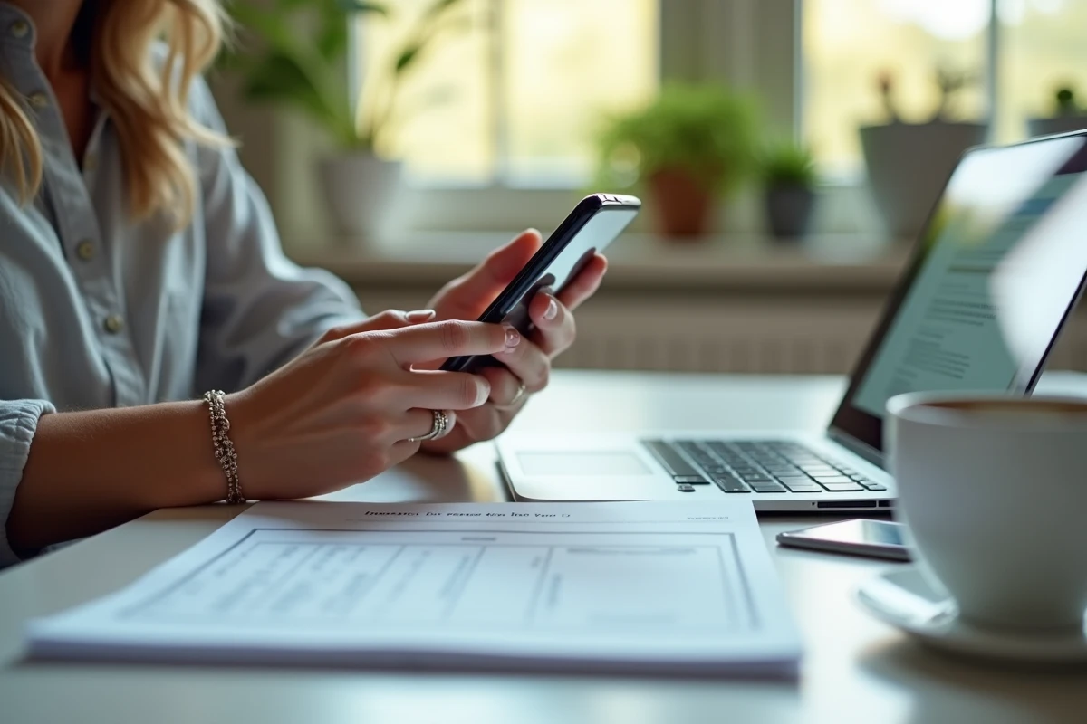 Femme confirmant un paiement immobilier sur smartphone