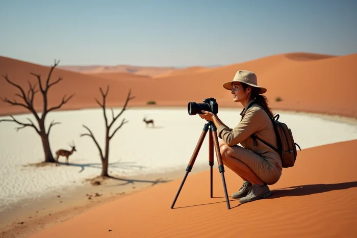 Une photographe sur une dune de sable ocre de la Namibie avec les arbres morts du Désert du Namib et la plaine d'argile blanche de Deadvlei