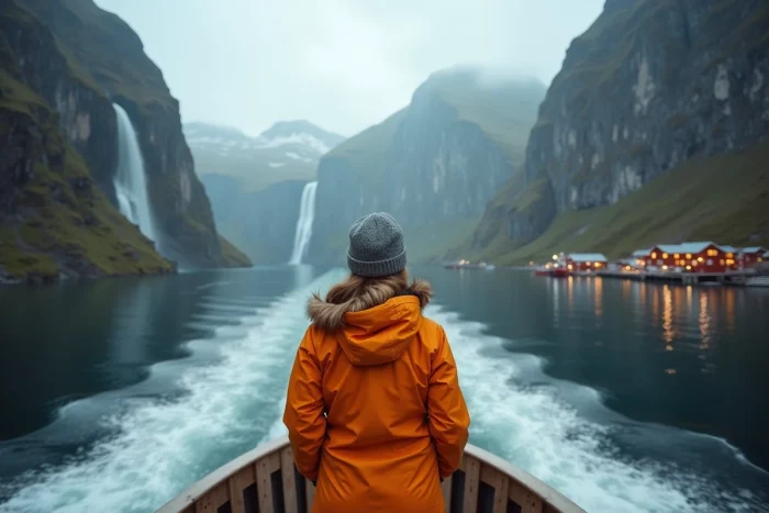 Une voyageuse à la proue d'un ferry traversant un fjord norvégien encadré de falaises vertigineuses avec les maisons colorées des îles Lofoten au loin