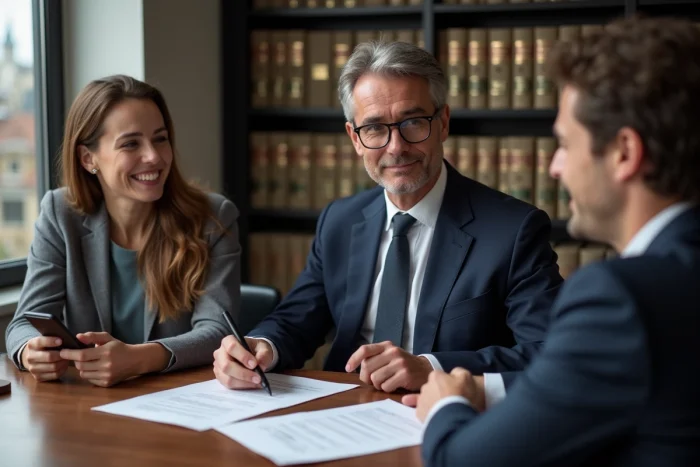 Notaire en costume vérifiant des documents immobiliers
