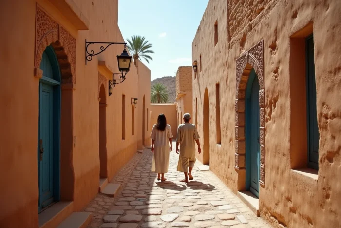 Un couple explorant une ruelle en pierre d'un village traditionnel omanais en pisé dans les montagnes Al Hajar avec des portes en bois sculpté et un canal d'eau ancien