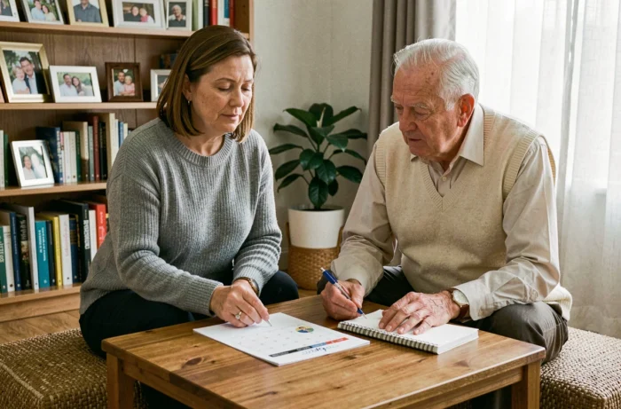 Una mujer ayuda a un padre mayor a organizar su planificación en casa, ilustrando consejos prácticos para facilitar la vida familiar