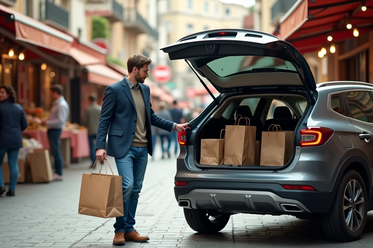 Pere chargeant sacs dans SUV lors d un marche urbain